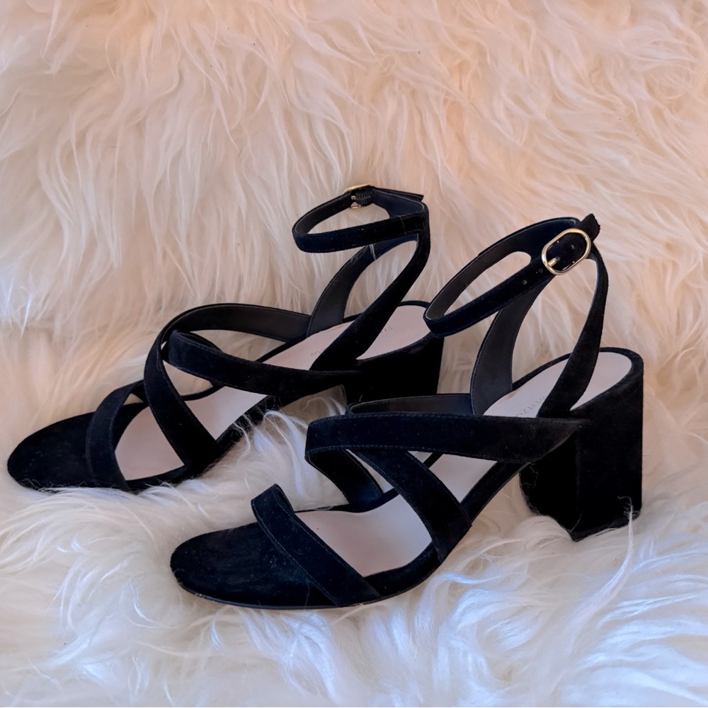 Stuart Weitzman black suede straps heels.